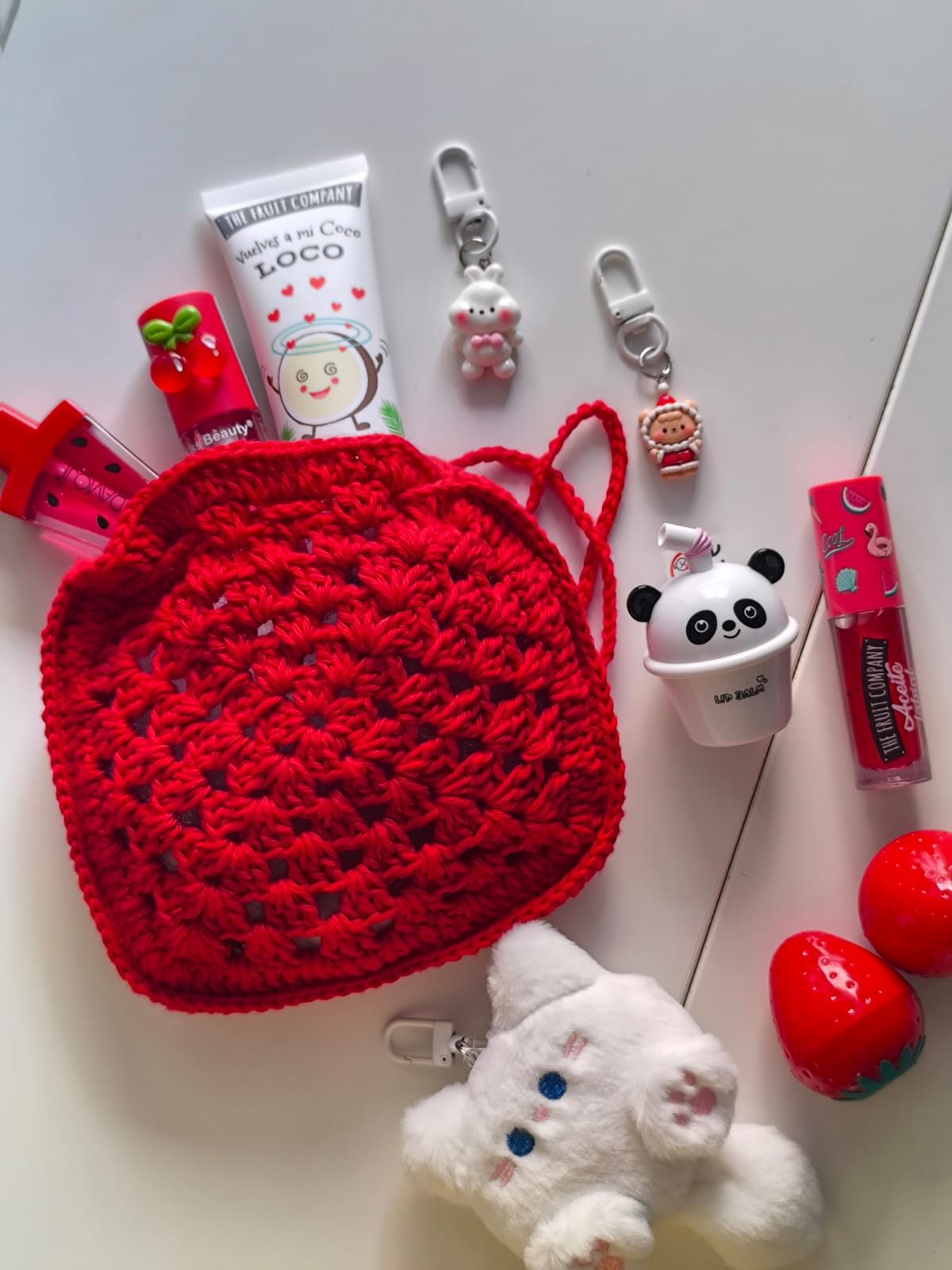 Bolsita saquito de crochet hecho a mano color rojo miniatura 2