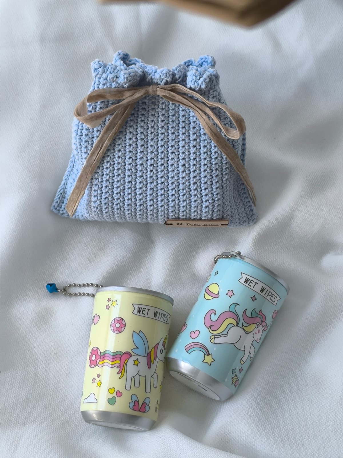 Bolsita saquito de crochet hecho a mano color azul miniatura 3